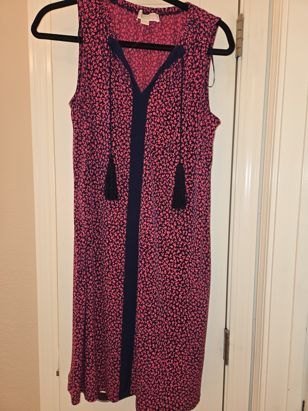 Michael Kors Sleeveless Coral and Navy Tassel V-Neck Midi Small Dress